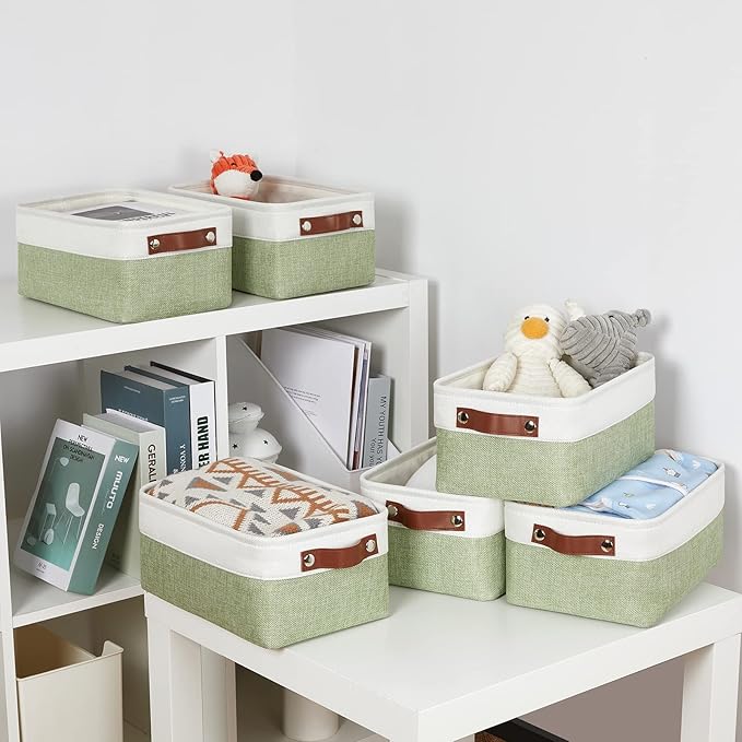 DULLEMELO Storage Baskets for Shelves, Small Fabric Collapsible Rectangular Storage Baskets for Organizing, Closets, Nursery, Home, Office, Empty Gift Baskets (6-Pack, White&Green)-DeskLoop Office