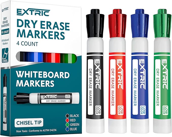 EXTRIC Dry Erase Markers Chisel Tip, Whiteboard Markers 4 Pack Assorted Colors, White Board Marker Dry Erase Red, Blue, Green, Black White Board marker Low Odor for Teachers and Students-DeskLoop Office