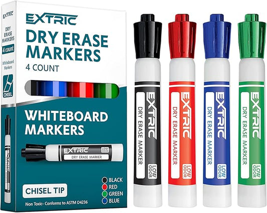 EXTRIC Dry Erase Markers Chisel Tip, Whiteboard Markers 4 Pack Assorted Colors, White Board Marker Dry Erase Red, Blue, Green, Black White Board marker Low Odor for Teachers and Students-DeskLoop Office
