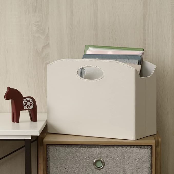 EZDeco Magazine Holder Foldable Magazine Rack Floor PU Leather File Holder Newspaper Book Storage Basket Document File Folder Organizer for Office Home (Off-white-1)-DeskLoop Office