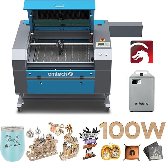 OMTech 100W CO2 Laser Engraver with LightBurn & Water Chiller, 20"x28" Laser Engraving Cutting Machine with 4 Way Pass Through Air Assist Wheels, Industrial Laser Cutter-DeskLoop Office