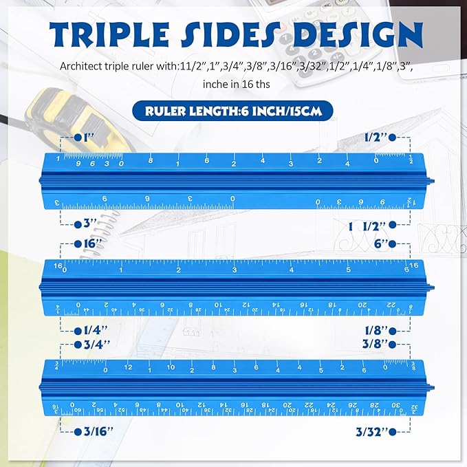 Fumete 12 Pack 6 Inch Architectural Engineering Scale Rulers Small Scale Ruler Pocket Size Scale Ruler Construction Rulers Imperial Measurements for Architects Engineering, Draftsman Drawing(Blue)-DeskLoop Office