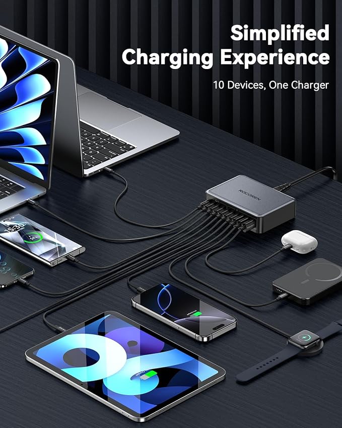 480W USB C Charger Block, Rocoren 10-Ports USB C Charging Station for Multiple Devices,PD 100W Type c Gan Fast Charger Station Multi USBC Charging Hub for Laptop MacBook HP iPad iPhone Samsung-DeskLoop Office