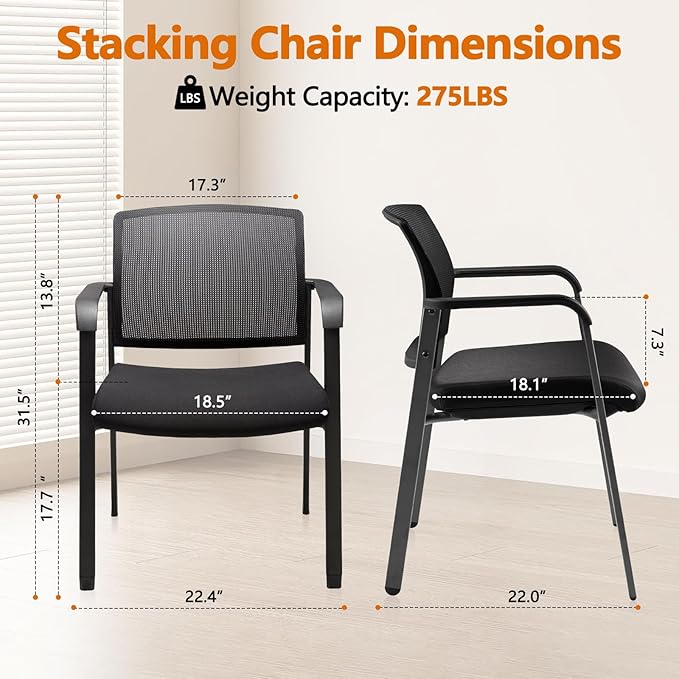 CLATINA Mesh Back Stacking Arm Chairs with Upholstered Fabric Seat and Ergonomic Lumber Support for Office School Church Guest Reception Black-DeskLoop Office