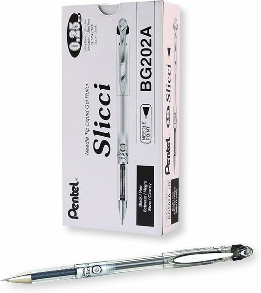 Pentel Arts Slicci Extra Fine Gel Pen, (0.25mm), Black Ink, Box of 12 (BG202-A)-DeskLoop Office
