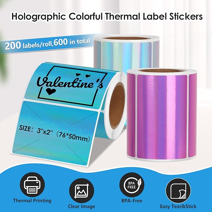 3x2'' Holographic Thermal Labels,3 Rolls Square Label Sticker for Phomemo 241BT for MUNBYN 130B/RW402B Printer,600Pcs Waterproof Label Paper for Address/Logo/Barcode/Price/Thanks-DeskLoop Office