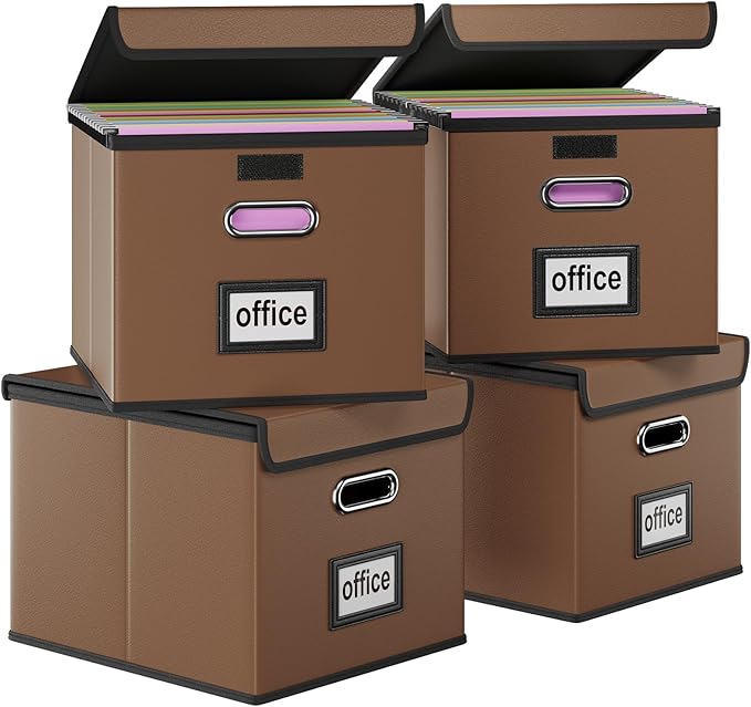 Huolewa Portable Leather File Organizer Boxes with Lids, Office Document Boxes Organizer, Filing Boxes, Decorative Small File Boxes for Hanging Files with Plastic Slide for Office/Decor/Home-DeskLoop Office