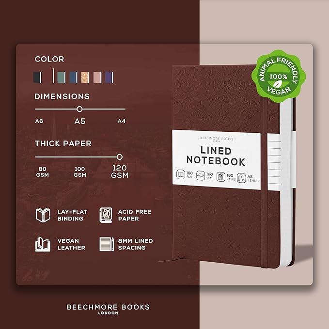 BEECHMORE BOOKS Lined Journal Notebook, 5.8 x 8.3 inch, A5 160 Lined Pages, Hardcover Leather Journals for Women, Men, Writing and Notebooks for Work - 120 GSM Thick Paper, Gifts Box Included (Chestnut Brown)-DeskLoop Office