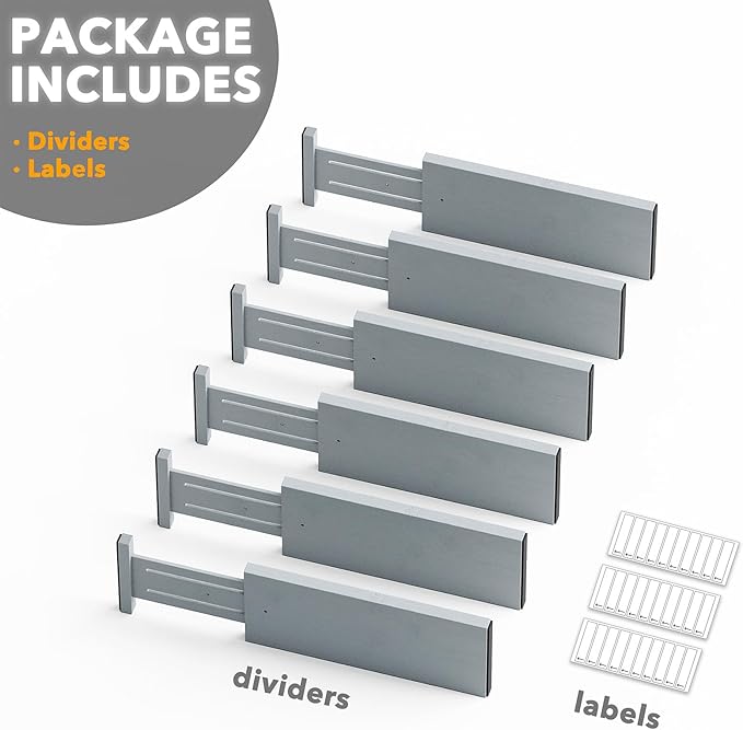 SpaceAid Bamboo Dresser Drawer Dividers 6 Pack, 4.65“ High Adjustable 12.5“-17” Drawer Organizers, Expandable Organization for Clothing, Clothes, Dressers, Gray-DeskLoop Office