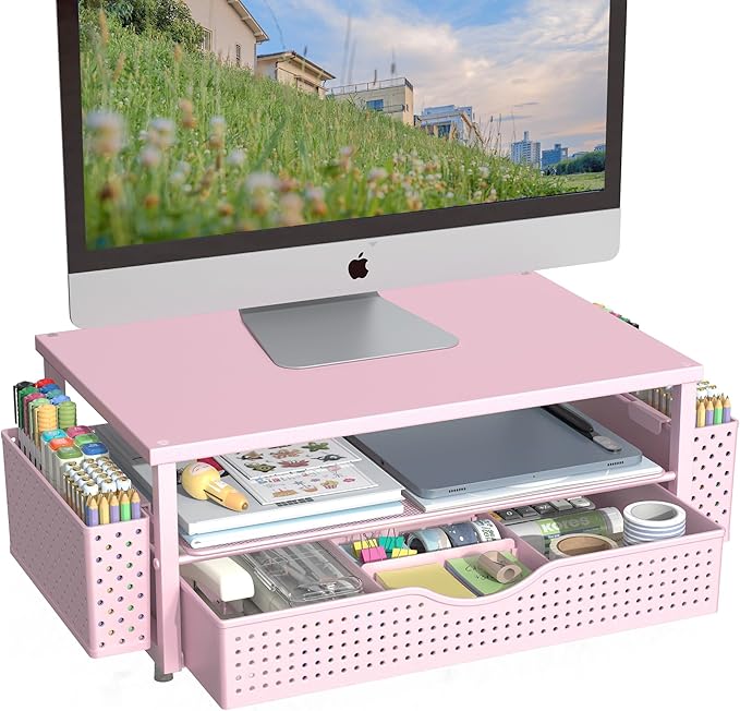 Desk Organizer and Accessories, Computer Monitor Stand Riser with Drawer and 2 Pen Holders, Office Desk Accessories & Workspace Organizers for Office Supplies (Pink)-DeskLoop Office