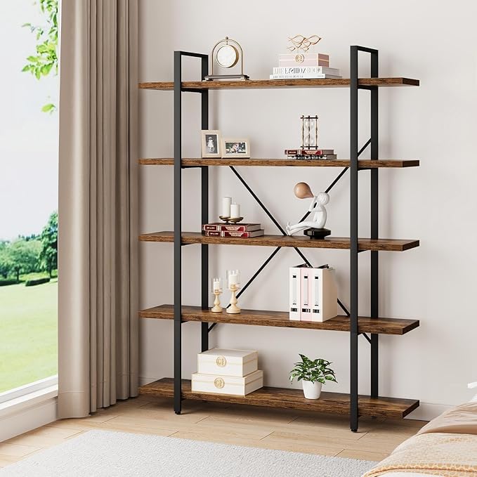 HSH Rustic Bookcases and Book Shelves 5 Shelf, Metal Wood 5 Tier Bookshelf and Storage Book Rack, Vintage Large Book Shelf for Bedroom Living Room Office,Open Vertical Display Etagere Book Case, Brown-DeskLoop Office