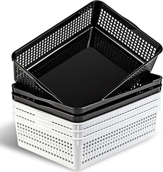 A4 Size Plastic Storage Basket,Desktop File Paper Letter Organizer Tray, 6-Packs (White+Black)-DeskLoop Office