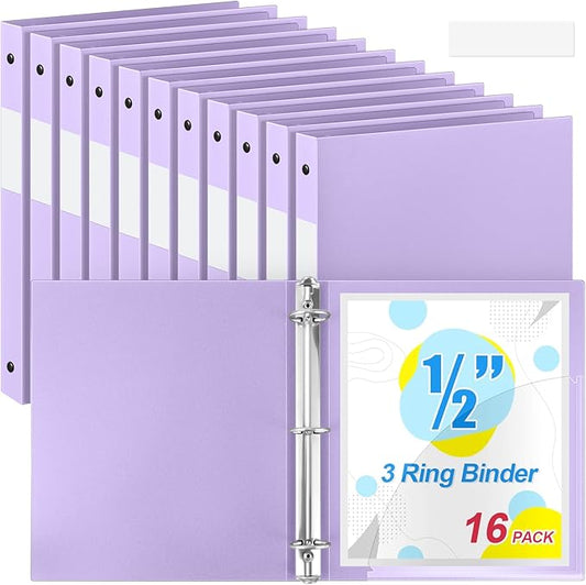 Henoyso 16 Pcs 3 Ring Binder 1/2'' Round Fits Letter Size 8. 5'' x 11'' Paper Plastic Flexible Binder Holds 100 Sheets with 1 Pockets Versatile Organizer for Office Home School (Light Purple)-DeskLoop Office