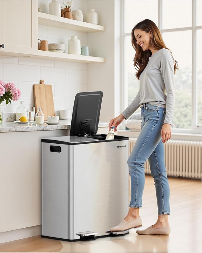 Lovewind Kitchen Trash Can, 2 x 8 Gallon (2 x 30 L) Stainless Steel Trash and Recycle Bin Combo with Soft-Close Lid, Dual Compartment Recycling Kitchen Step Trash Bin, Silver-DeskLoop Office