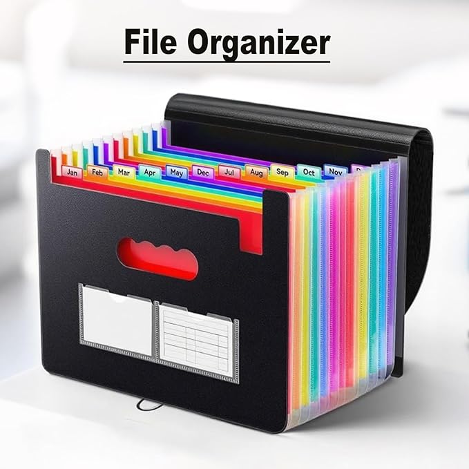 Accordion File Organizer,13 Pockets Expanding File Folder with Blank Labels,Portable Monthly Paper Bill Tax Receipt Organizer,Desktop Folders A4 Letter Paper Document Storage Organize,Black-DeskLoop Office