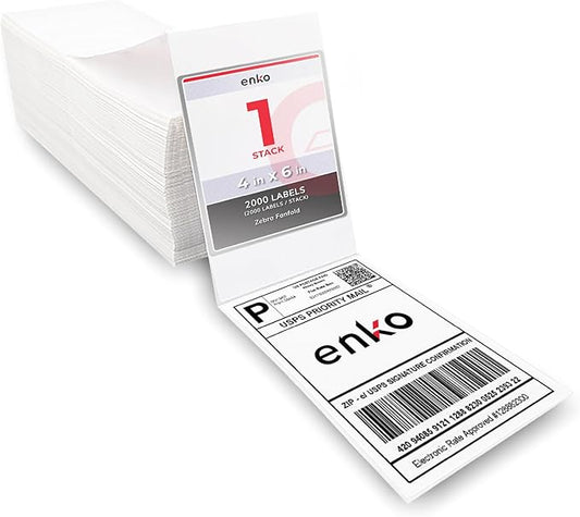 enKo 1 Stack/2000 Labels 4" x 6" Fanfold Direct Thermal Label Compatible for Rollo Zebra Printer - Shipping, Mailing, Postage, Perforated, Permanent Adhesive (2 Labels/Fold)-DeskLoop Office