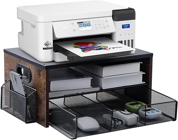 Printer Stand,Desktop Printer Stand with 2-Tier Storage Shelves for Home Office,Desk Organizer with Drawer and 2 Pen Holders for Fax Machine Scanner Files