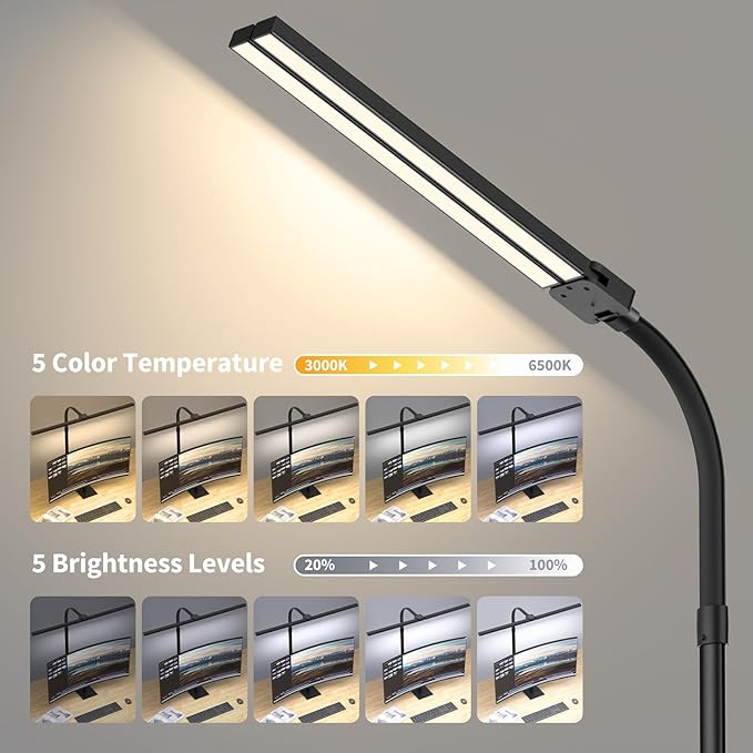 Desk Lamp Architect Task Dual Head Modern Flexible Gooseneck Tall Dimmable Light for Home Office, 5 Color Modes,Remote Control, 1500lm 24W Extra Bright Lighting-DeskLoop Office