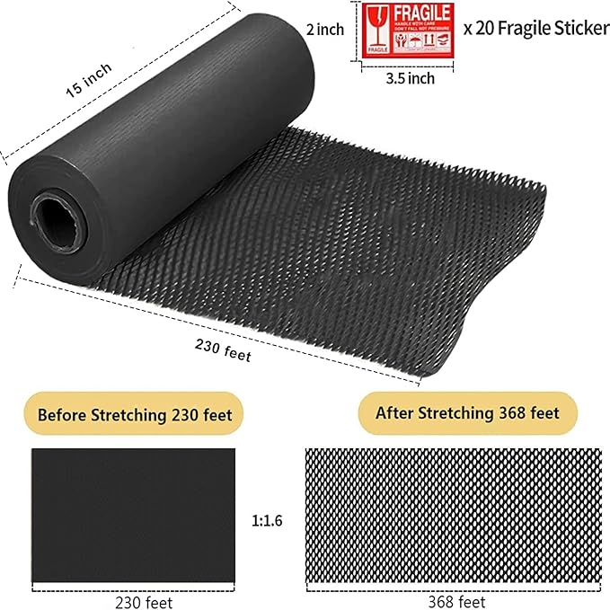 Honeycomb Packing Paper, HONSREO 15 Inches x 230 Feet Eco Friendly Recyclable Cushioning Material, Bubble Wrap for Moving Shipping Breakable Supplies with 20 Fragile Sticker Lables (Black)-DeskLoop Office