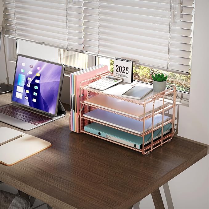 gianotter 4-Tier Paper Organizer With Magazine Holder, Desk Organizers and Accessories, Cute Desk Accessories for Women, File Organizer for Office Supplies Storag(Rose Gold)-DeskLoop Office