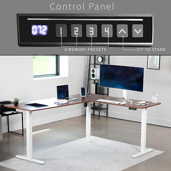 VIVO Electric Corner L-Shaped 75 x 63 in Standing Desk, Memory Height Adjustment, Dark Walnut Top White Frame, DESK-E3CTWD-75-DeskLoop Office