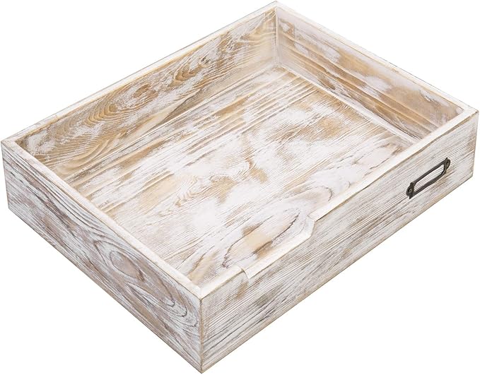 MyGift Rustic White Desktop Letter Tray - Shabby Whitewashed Wood Inbox Holder, Desk Paper File Folder Organizer Box with Metal Label-DeskLoop Office