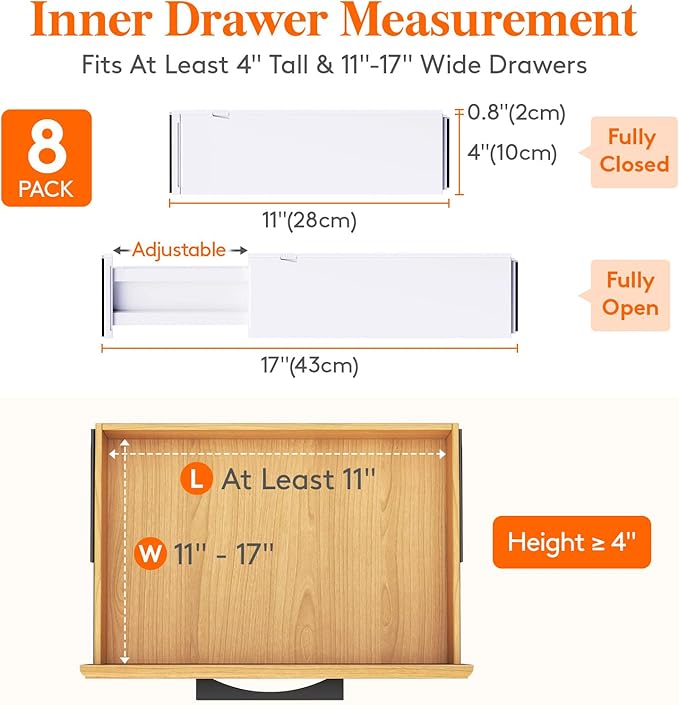 Lifewit 8 Pack Drawer Dividers 4" High,11-17" Adjustable Dresser Drawer Organizers for Clothes, Expandable Dresser Separators in Bedroom/Bathroom/Kitchen/Vanity/Office Organization and Storage, White-DeskLoop Office