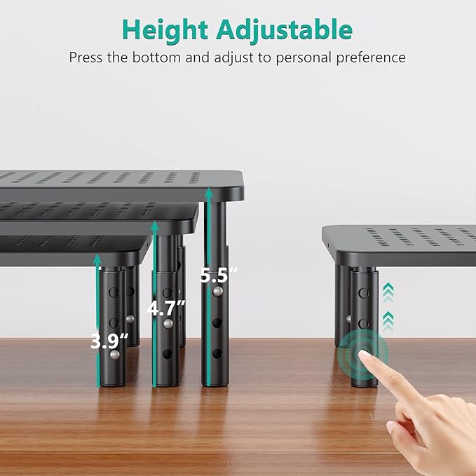 WALI Dual Monitor Stand for Desk, Desk Monitor Riser 3 Height Adjustable, Laptop Riser with Airflow Vents, Desk Organizer for Computer, Laptop, Printer, Notebook (STT003-2), 2 Pack, Black-DeskLoop Office