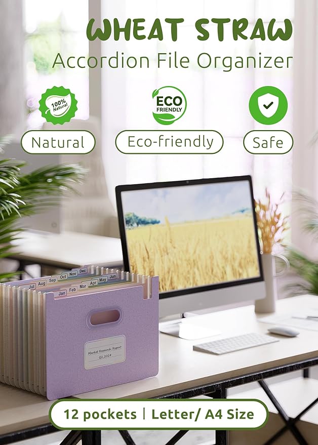 Accordion File Organizer, 12 Pockets Wheat Straw Expanding File Folders, Upright&Open Top, Monthly Bill Receipt Organizer, 100% BPA Free,Return to Nature,Healthy Living, Letter/A4 Size-Lavender Purple-DeskLoop Office