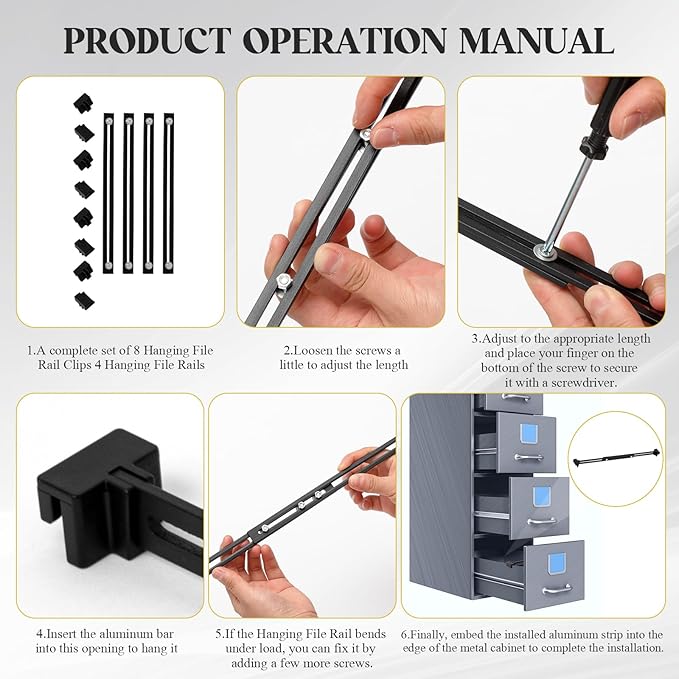 12 Pcs Metal Adjustable File Cabinet Rails Set Include 8 Hanging File Rail Clips 4 Cabinet Dividers Bars Suitable for Cabinets with Drawer Thickness Less Than 1/8 Inch(Black,10-18 Inch)-DeskLoop Office
