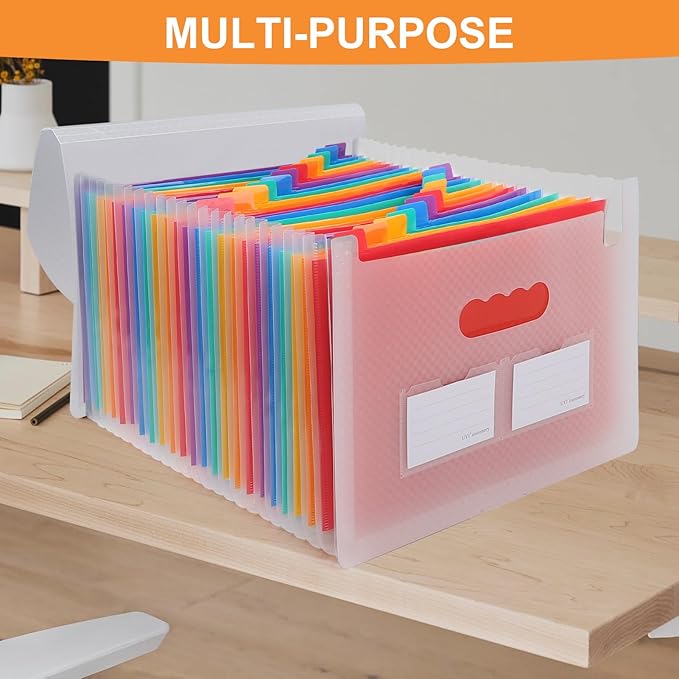 Accordion File Organizer, 24 Pockets Expanding File Folders, Portable Letter A4 Size Filing Box with Colored Labels and Expandable Cover, Monthly Bill Receipt Documents Organizer Pink-DeskLoop Office