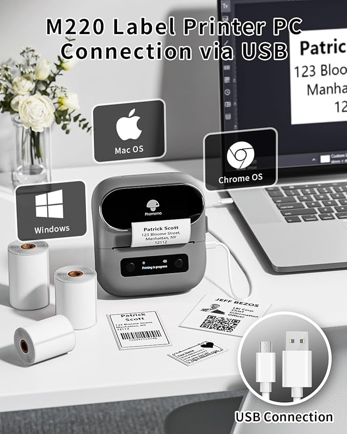 Phomemo M220 Label Maker, Bluetooth Barcode Label Printer, Thermal Sticker Maker Machine for Barcode, Address, Tag Labeling, Compatible with Phone & Laptop-DeskLoop Office