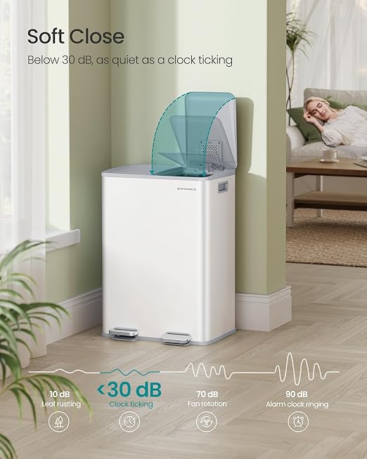 SONGMICS Trash Can, 2 x 8 Gallon (2 x 30 L) Dual-Compartment Garbage Can with Soft-Close Lid, Pedal and Inner Buckets, Stainless Steel, Includes 15 Liner Bags, Matte White ULTB741W01-DeskLoop Office