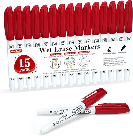 Shuttle Art Wet Erase Markers, 15 Pack Red 1mm Fine Tip Smudge-Free Markers, Use on Laminated Calendars, Overhead Projectors, Schedules, Whiteboards, Transparencies, Glass, Wipe with Water-DeskLoop Office