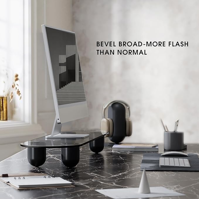 Fenge Monitor Stand Riser, 34 Inch Dual Monitor Riser for Large Monitors, Desk Organizer with Glass Shelf & Solid Wood Legs, Computer Stand for Laptop, TV, PC, Printer, Black-DeskLoop Office