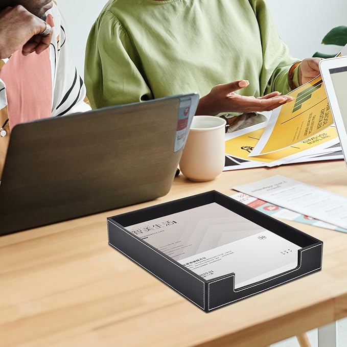 Leather 1-Layer Letter Tray Stackable File Document Tray,A4 Paper Case Rack Desk Office Supplies Organizer Holders,Desktop Organization, Pen Mail Magazine Storage Box(Black)-DeskLoop Office