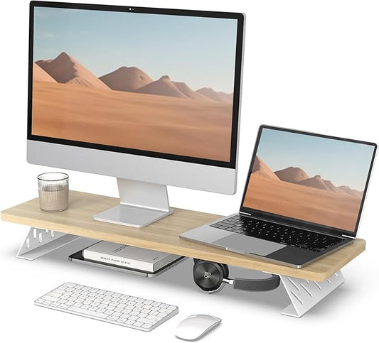 Fenge Monitor Stand Riser, Desk Top Shelf for 2 Monitors, Computer Stands for Desk, Wood & Steel Desktop Riser for Laptop, PC, Printer-DeskLoop Office