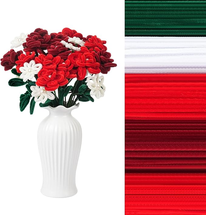 400 Pcs Red Pipe Cleaners for Crafts, 4 Colors Chenille Stems Bulk with Floral Wires, Gardening Tape,Hot Glue Stick,Greeting Card,Bouquet Paper, Pearl & Ribbon, Flowers Craft kit for Christmas-DeskLoop Office