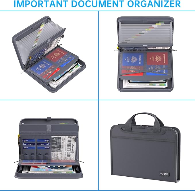 ENGPOW Accordion File Organizer,Fireproof Expanding File Folder with Multi Pockets,13 Pockets Document Organizer Bag with Handle & Labels,Portable Home Travel Safe Storage for Letter A4 Files,Gray-DeskLoop Office