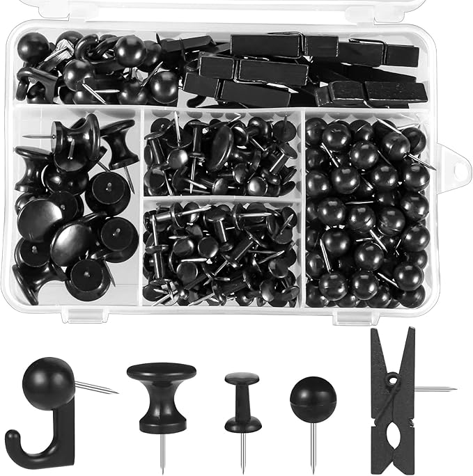 200 Pieces Push Pins Thumb Tacks Black Push Pins for Cork Board, 5 Style for Bulletin Boards Wall Maps Pictures Office Home Supplies-DeskLoop Office