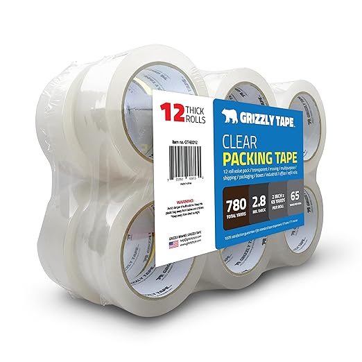 Grizzly Power Clear Packing Tape Refill Rolls for Shipping, Moving, Packaging - True 2 Inch x 65 Yards, 2.8mil Thick, 12 Rolls-DeskLoop Office