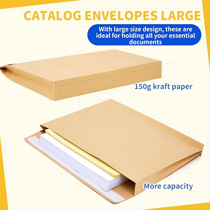 20 Pcs 14 x 18 x 1.6 Inch Large Expandable Catalog Envelopes Manilla Kraft Peel and Seal Envelopes Light Large Mailing for Office Home Documents Magazines Photos Storage Organizing(Brown)-DeskLoop Office
