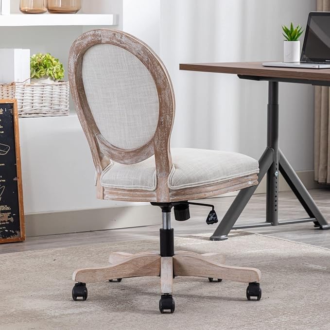 LukeAlon Vintage Linen Office Chair, Adjustable Height Swivel Task Chair with Wood Frame Armless Desk Chair with Wheels Upholstered Round Back Vanity Chair for Home Office Study Room, Beige-DeskLoop Office