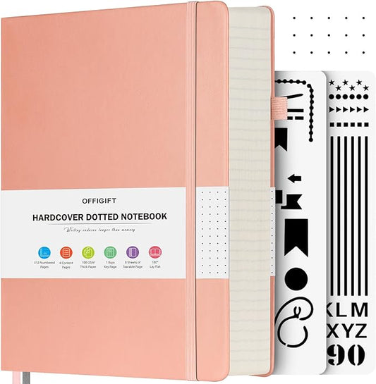 Bullet Dotted Journal Notebook, 312 Numbered Pages A5 Hardcover Leather Journal, 100gsm No Bleed Paper Dot Grid Notebook with Index Pages, Dot Journal for Women Men, 5.75" x 8.38", Pink-DeskLoop Office