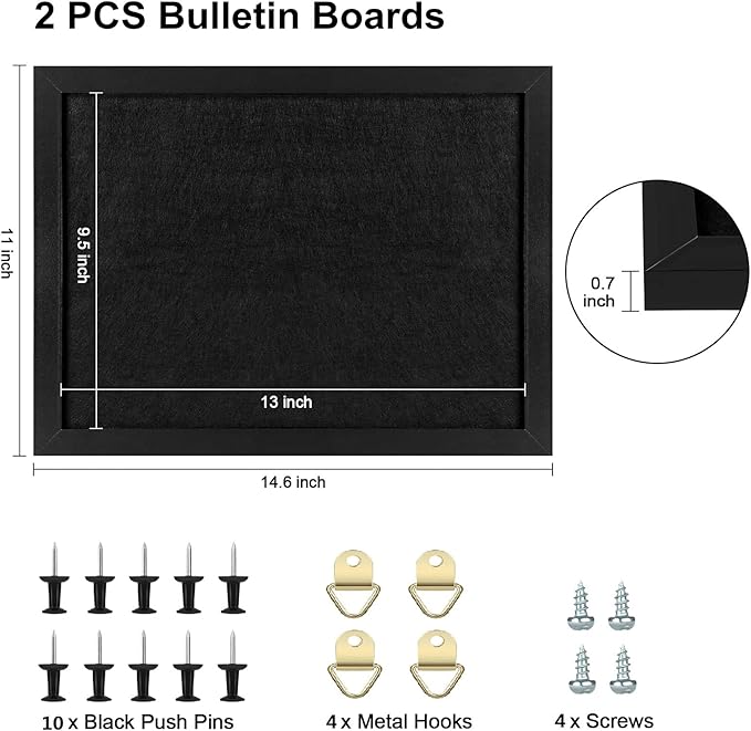 TORASO Cork Board Bulletin Board, Cork Boards for Walls with Pins, Eye Bolts, gaskets, Screws, Pin Board for Office, School and Home (All Black, 11“x14.5” - 2p)-DeskLoop Office