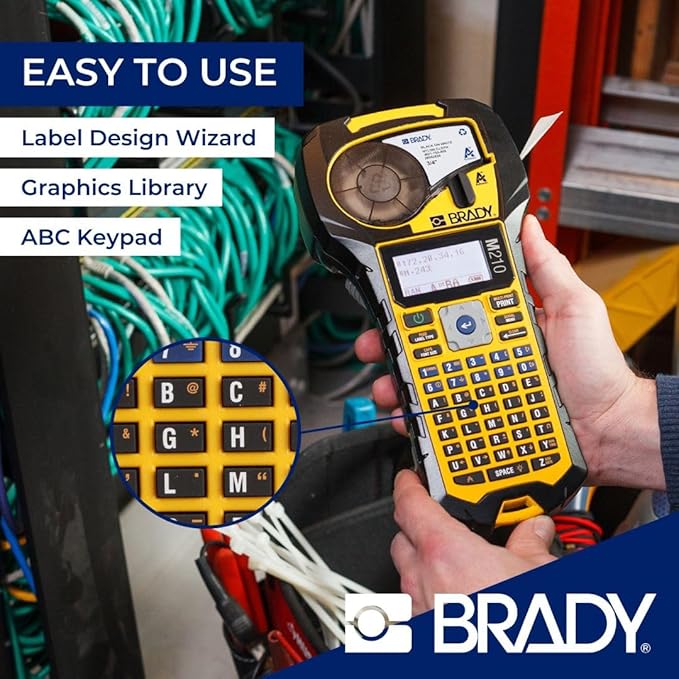 Brady M210 Portable Label Printer with Rubber Bumpers, Multi-Line Print, 6 to 40 Point Font (Replaces BMP21-PLUS Printer), Yellow/Black, 9.5 in H x 4.5 in W x 2.5 in D-DeskLoop Office