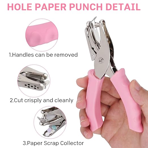 NEBURORA Hole Punch, Pink Single Hole Puncher Metal with Soft-Handled for DIY Craft Tags Clothing Ticket Scrapbook Tool, 3 Colors Options-DeskLoop Office