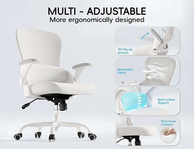 TRALT Office Chair - Ergonomic Office Chair with Back Support, Home Office Desk Chairs, Comfy Desk Chair, Computer Chair, 330lbs Wide Seat Big and Tall Office Chairs for Gamers(White)-DeskLoop Office