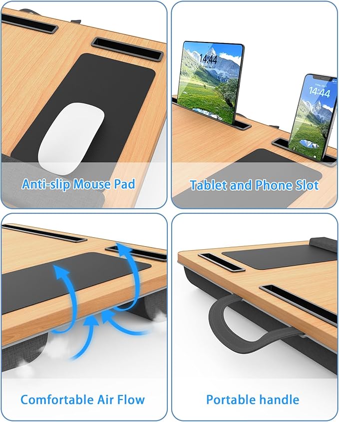 Laptop Lap Desk, Portable Large Laptop Desk for Bed, Up to 17 in Lap Table with Wrist Rest, Mouse Pad, Tablet Phone Slot, Portable Handle, Cushion (Light Brown)-DeskLoop Office