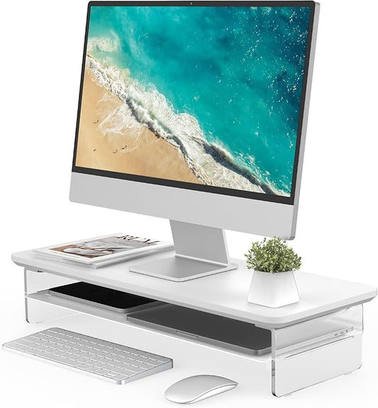 Fenge Acrylic Monitor Stand Riser, 23.6 Inches Monitor Stand with Metal Storage, 2 Tier Acrylic Computer Riser for Desk, Clear Laptop Stand for PC, Laptop, Printer, TV, White-DeskLoop Office